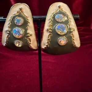 Vintage Style Clip On Earrings with Iridescent Stones Gray Cream Gold